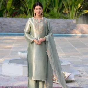 Sage Green Thread Embroidery with cut work and scallop embroidered border Suit Set