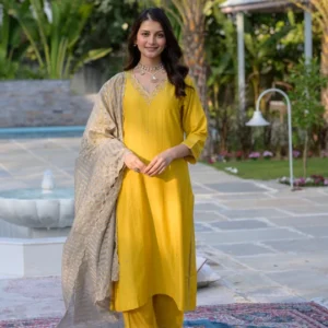 Mustard Mul Chanderi Kurta with dabka work and lurex Zari Dupatta
