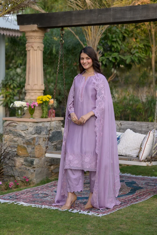 Lavender Pure Organza Cut and Scallope Work with Thread Hand Work Embroidered Details - Image 3