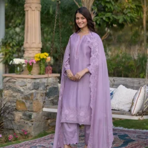 Lavender Pure Organza Cut and Scallope Work with Thread Hand Work Embroidered Details