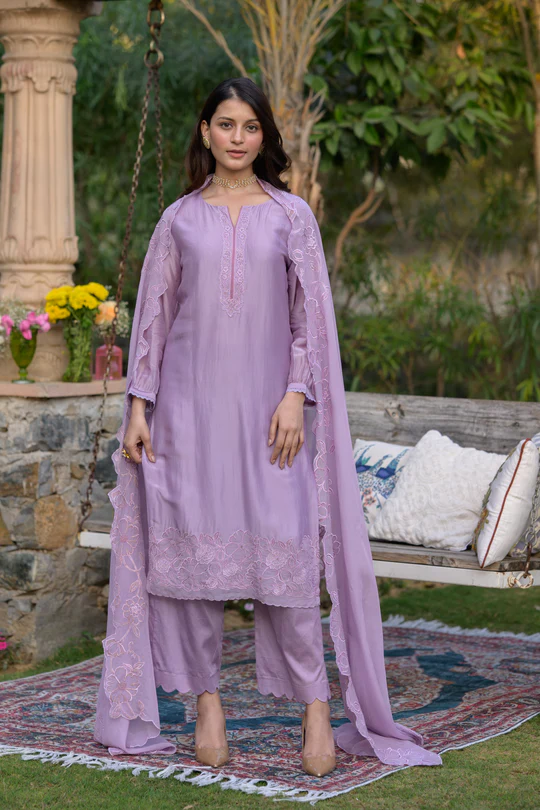 Lavender Pure Organza Cut and Scallope Work with Thread Hand Work Embroidered Details - Image 4