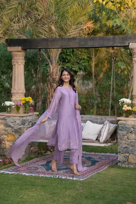 Lavender Pure Organza Cut and Scallope Work with Thread Hand Work Embroidered Details - Image 2