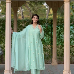 Light Turquoise Blue Mul Chanderi Thread Embroidery With lace on neck Suit Set with Kota Doriya Duppatta