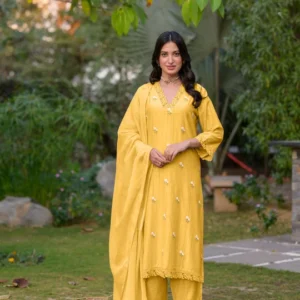 Light Yellow Mul Chanderi Thread Embroidery With lace on neck Suit Set with Kota Doriya Duppatta