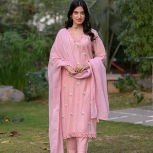 Pearl Pink Mul Chanderi Thread Embroidery With lace on neck Suit Set with Kota Doriya Duppatta
