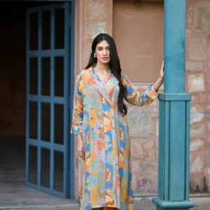 Pure Crepe Yellow and Blue Panel Print Blazer Pattern Kurta Set