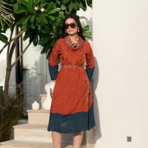 Rust & Teal Ajrakh Panel Muslin Dress
