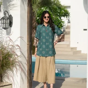 Teal Green Bandhani Paisley Sleeve Kurta Shirt
