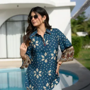 Indigo Bandhani Paisley Cuff Kurta Shirt