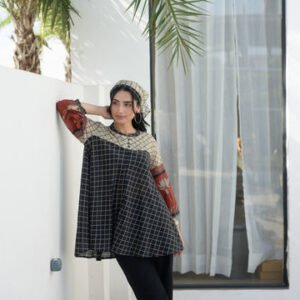 Black & Rust Jaal Print Peplum Top with Lotus Sleeves