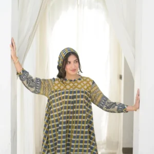 Mustard & Indigo Grid Print Peplum Top with Lotus Border Sleeves