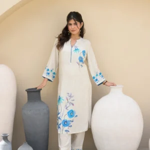 Off White Blue Floral Placement with Sequence and Tari work Muslin Kurta Set