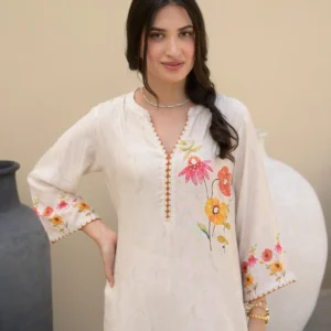 Off White Red Floral Placement with Sequence and Tari work Muslin Kurta Set