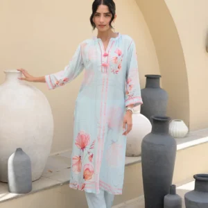 Powder Blue Floral Placement Print Pure Muslin Kurta Set With Thread Work And Tassels