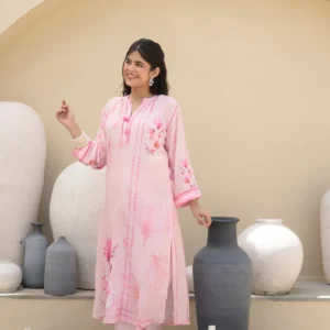 Powder Pink Floral Placement Print Pure Muslin Kurta Set With Thread Work And Tassels