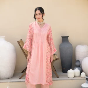 Pink Floral Panel Print with Lace Muslin Kurta set