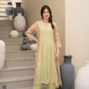 Pista Green Pintux Self Print with Floral Jaal Print Beads Work A line Muslin Kurta Set