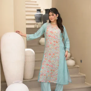 Light Blue Floral Panel Print with Lace Muslin Kurta set