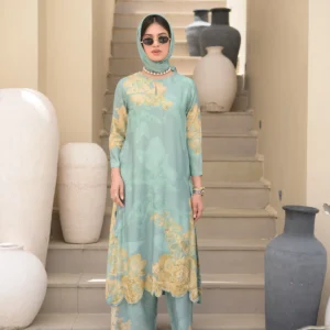 Seafoam Green Cut Work Scallope Muslin Kurta with Yellow Organza Border Embroidered Scallope Pant Set