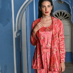Pinkish Red Blossom Velvet Co-ord Set