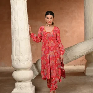 Crimson Red Pure Crepe Spread Delicate Work Kurta with Overlapping Hem Pants