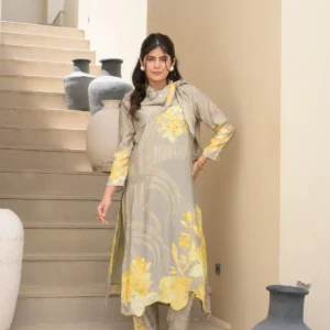Grey and Yellow Cut Work Scallope Muslin Kurta with Yellow Organza Border Embroidered Scallope Pant Set