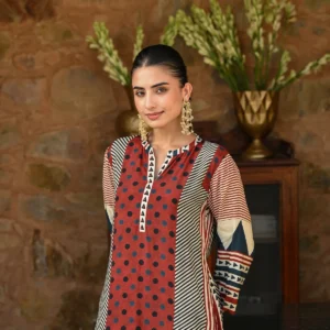 Red And Blue Polka Dot with Stripes and Block Print Muslin Kurta Set