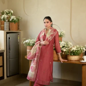 Rustic Maroon Thread Work Chanderi Suit with Organza Scallope Border and Mughal Block print Dupatta