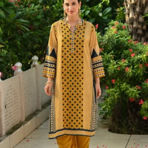 Mustard And Blue Polka Dot with Stripes and Block Print Muslin Kurta Set