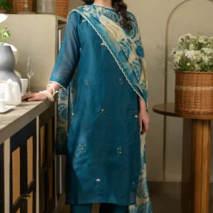 Teal Blue Thread Work Chanderi Suit with Organza Scallope Border and Mughal Block print Dupatta