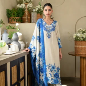 Blue and Off White Pushp Placement Print Muslin Suit set
