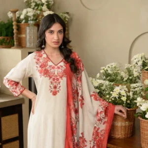 Red and Off White Pushp Placement Print Muslin Suit set