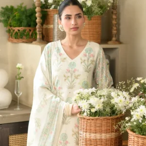 Sea Green Buti Block Print with Gota Work Muslin Suit Set