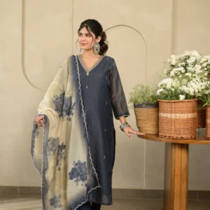 Charcoal black V neck Gota Work Chanderi Suit Set