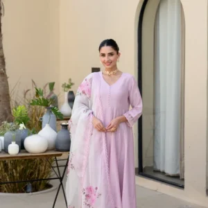Lavender Mul Chanderi Anarkali Suit Set with Organza Floral Duppata with Scallope Border and Lace