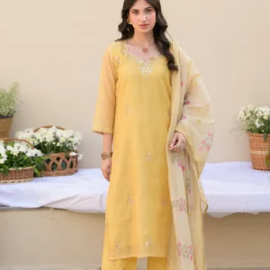 Canary Yellow Gota Work on Neck with Spread Kurta Work Chanderi Suit Set