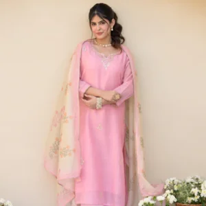 Carnation Pink Gota Work on Neck with Spread Kurta Work Chanderi Suit Set