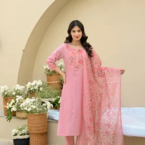 Baby Pink Dobby Cotton with Floral Chanderi Patch Print Kurta and Dupatta Suit Set