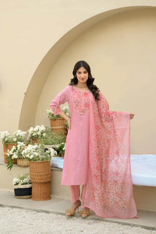 Baby Pink Dobby Cotton with Floral Chanderi Patch Print Kurta and Dupatta Suit Set