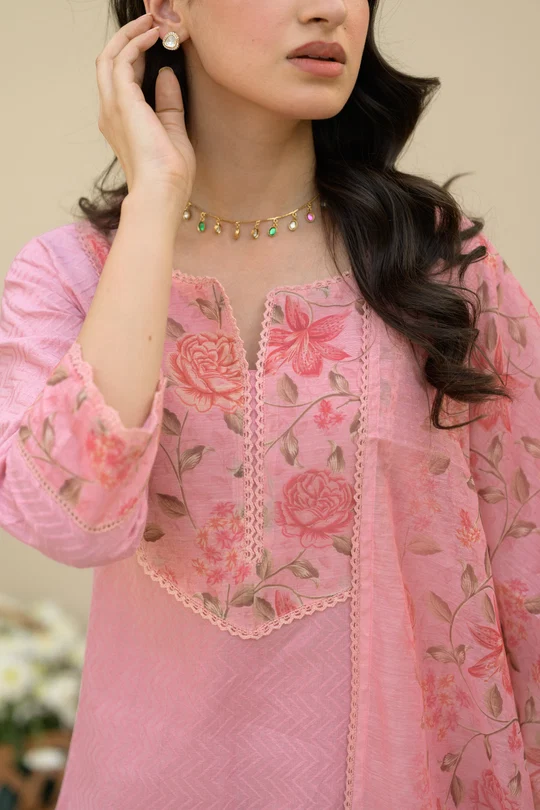 Baby Pink Dobby Cotton with Floral Chanderi Patch Print Kurta and Dupatta Suit Set - Image 3