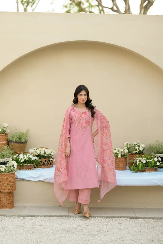 Baby Pink Dobby Cotton with Floral Chanderi Patch Print Kurta and Dupatta Suit Set - Image 4