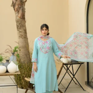 Sky Blue Dobby Cotton with Floral Chanderi Patch Print Kurta and Dupatta Suit Set