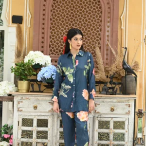 Brush Floral Print Co-Ord Set (Blue)
