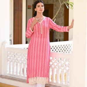 Pink Striped Sequence , Pearl and Lace Kurti with Schiffli pants