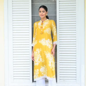 Kiara Advani in Yellow Bloom Muslin Kurti with Alluring lace and Schiffli pants