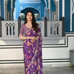 Purple Fleuriste Scallope Mirror Border Pure Crepe Saree