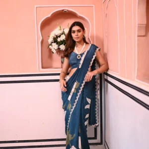 Teal Blue and Pearl White Placement Floral Scallope Mirror Border Pure Crepe Saree