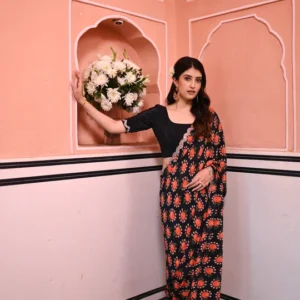 Half and Half Floral and Solid Red Print Scallope Mirror Border Pure Crepe Saree