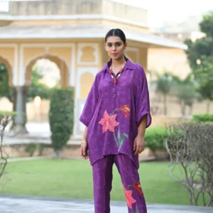 Spectacular Purple Floral Print Placement Pure Crepe Coordinated Set