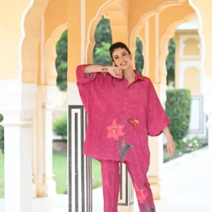 Spectacular Pink Floral Print Placement Pure Crepe Coordinated Set